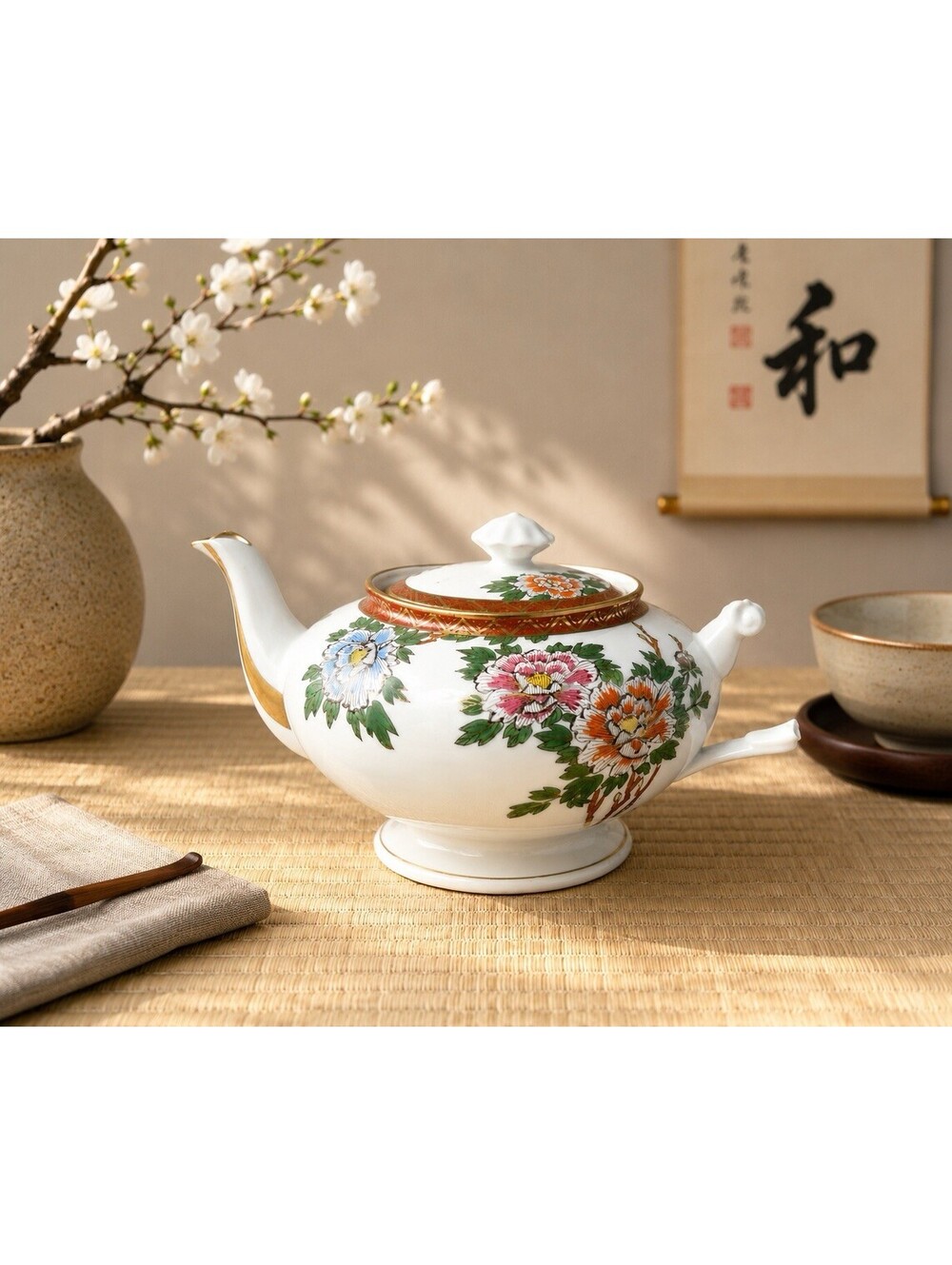 Noritake Nippon 1910s Maruki Mark Eggshell Porcelain Peony Teapot, 4x6” DAMAGED